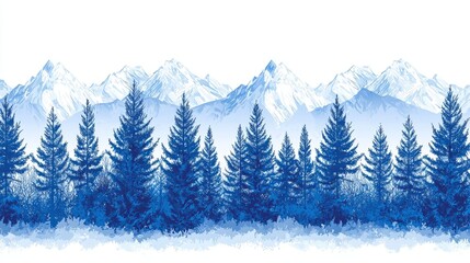 Fototapeta premium A camping adventure wildlife landscape panorama illustration featuring a black silhouette of mountains and fir trees, isolated on a white background