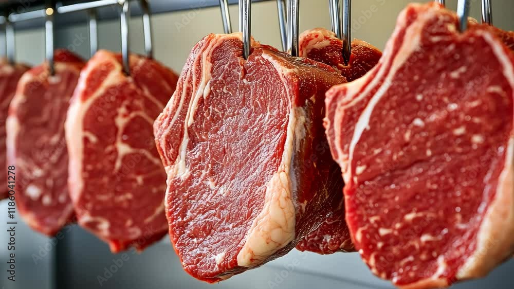 Poster row of meat hanging from a rack. the meat is red and he is fresh. concept of abundance and the idea 