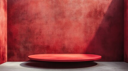 Empty red background with stand display or shelf in studio for showcasing or designing christmas concept, blank backdrop made from cement material, realistic 3d render


