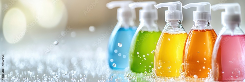 Aufkleber Droplets of sanitizer eliminate bacteria on surfaces with vibrant bottles in a clean environment. Generative AI