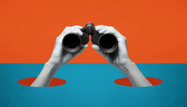 hand holding a binoculars . hands holding binoculars on blue orange and blue background.