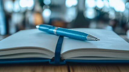 Fototapeta premium Blue Pen on Open Notebook: A close-up of an open notebook with a blue pen resting on the pages, symbolizing new beginnings, creativity, and a blank canvas for ideas.