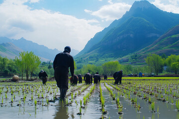 Farmers plant rice seedlings in a lush valley surrounded by mountains on a sunny day, showcasing traditional agricultural practices and dedication to sustainable crops