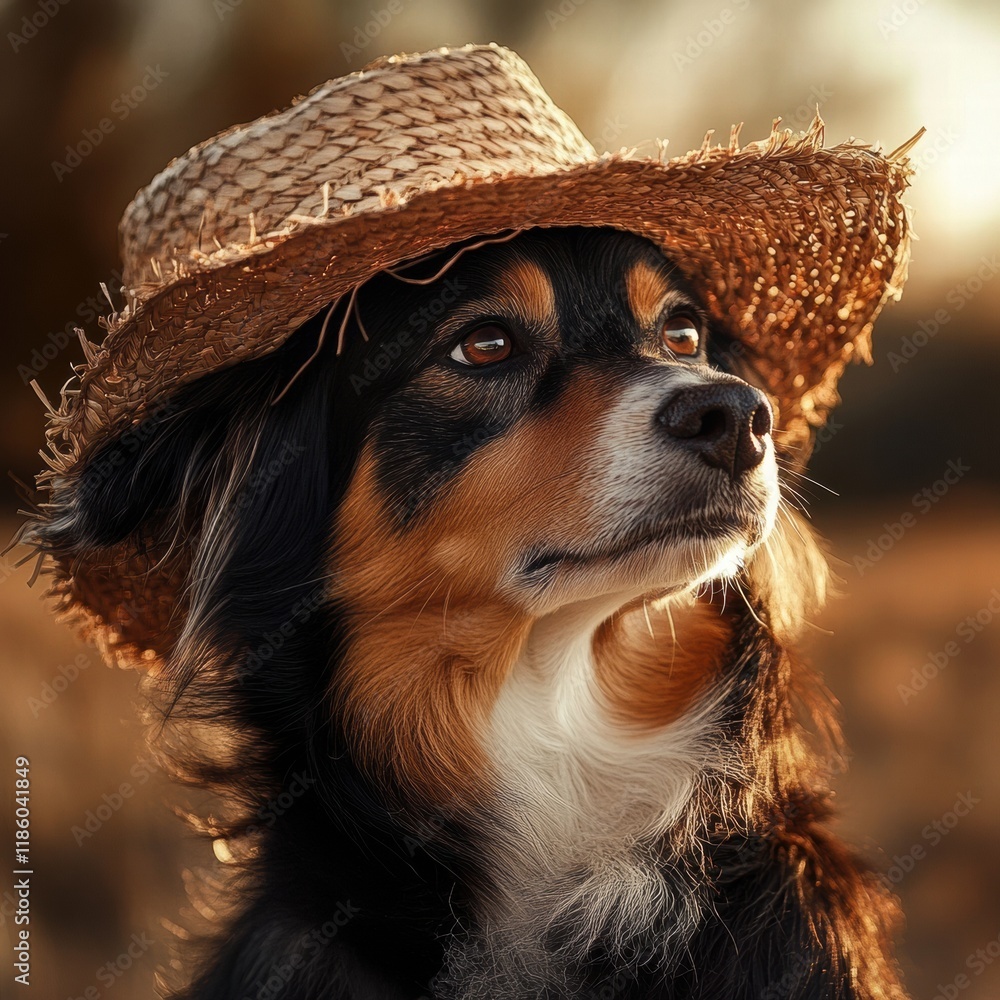 Poster dog wearing a straw hat enjoying a leisurely moment in a rustic farm environment during golden hour.