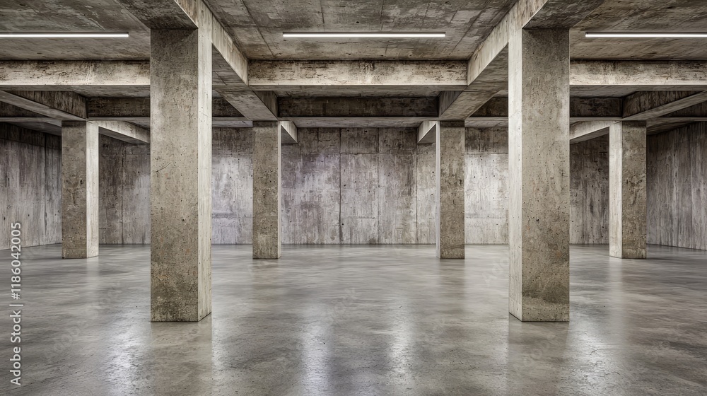 Poster the abstract framework includes an unrefined concrete interior characterized by diagonal columns