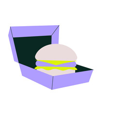 Burger In Box In Flat Vector Illustration Symbolizing Fast Food, Takeout Meals, And Modern Dining, Isolated On White Background.