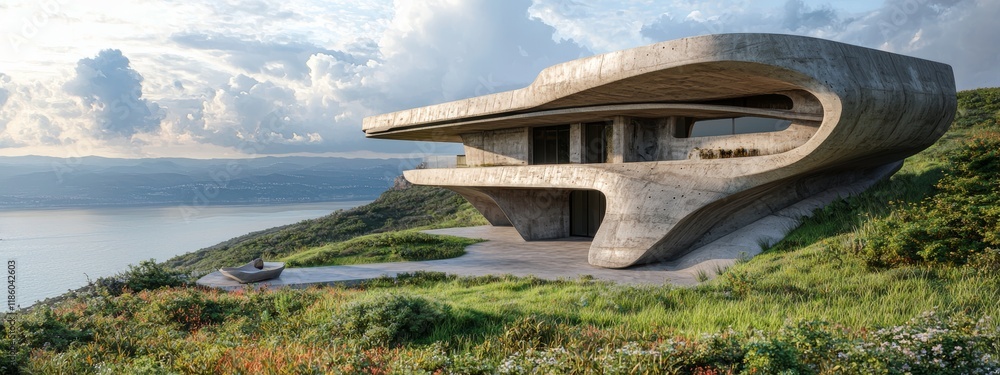 Poster an abstract architecture building characterized by minimalist concrete, featuring an open floor cour