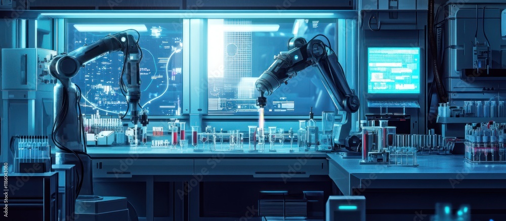Poster robotic arms conducting experiments in a futuristic lab.