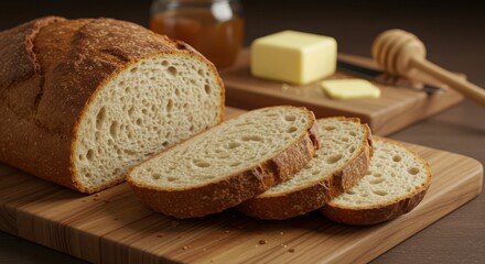 Freshly sliced rustic bread on wooden cutting board with butter and honey