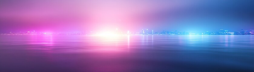 Fototapeta premium Futuristic city skyline illuminated by vibrant neon lights under a hazy atmosphere at twilight
