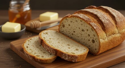Freshly baked sourdough bread with butter and honey on wooden board