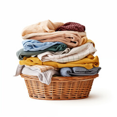 Obraz premium Folded Clothes in Wicker Laundry Basket White Background