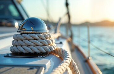Luxury yacht at anchor. White mooring ropes coiled around metallic bollard. Sea calm, sun setting creating beautiful seascape. Vacation wedding scene. Yacht rental sale imagery. Vacation at sea.