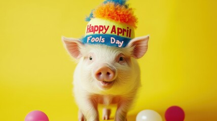 Piglet wearing a colorful hat celebrating April Fools' Day in a bright yellow setting