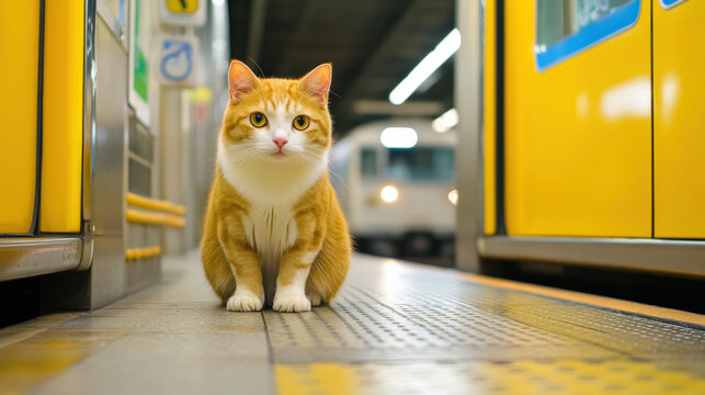 curious orange tabby cat sits on train platform, surrounded by yellow train doors. scene captures unique blend of urban life and charm of pet