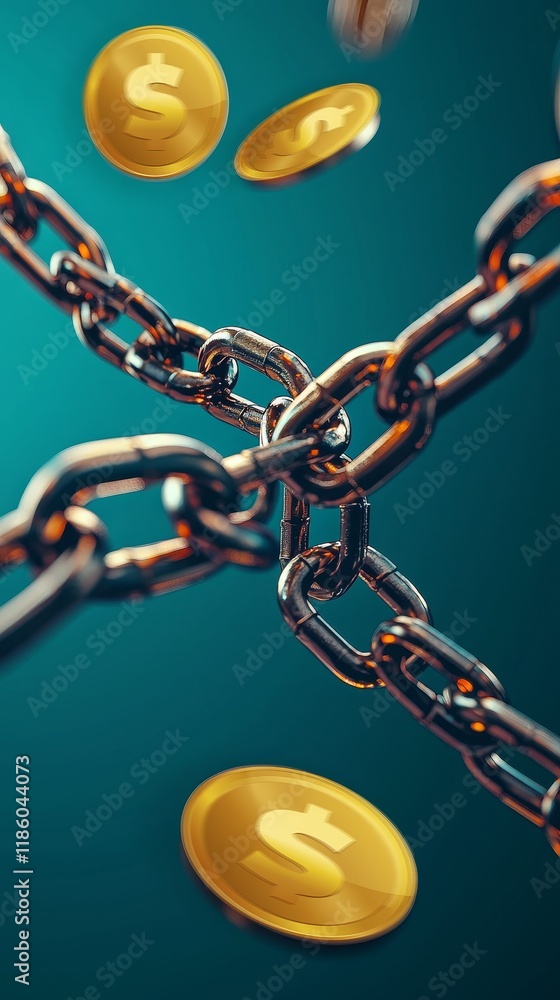 Aufkleber debt reduction methods concept. chains with floating coins symbolizing financial security and invest