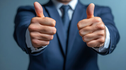 Confident businessman giving thumbs up gesture, expressing positivity and approval. This conveys sense of success and encouragement in professional setting
