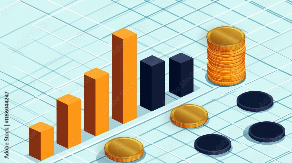 Poster stock market basics concept. financial growth represented by bar graphs and coins on a grid backgrou