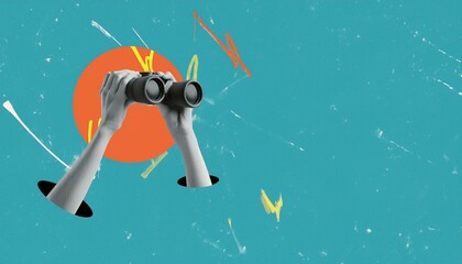 person with a telescope. Contemporary artistic collage depicting hands holding binoculars against a blue background