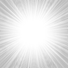 Halftone gradient sun rays pattern. Abstract halftone vector dots background. monochrome dots pattern. Vector background in comic book style with sunburst rays and halftone. Retro pop art design.