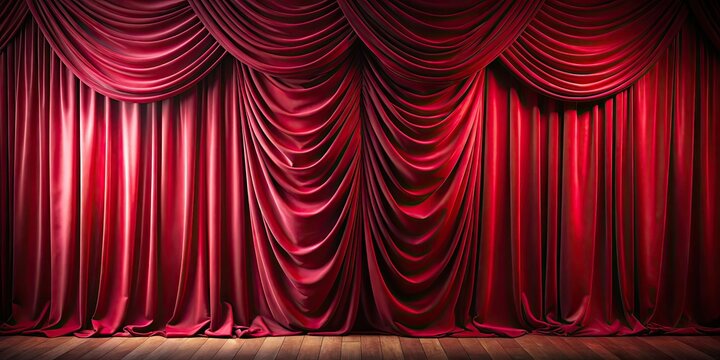 Luxurious red velvet stage drape, rich fabric texture, elegant theater backdrop. AI generated.