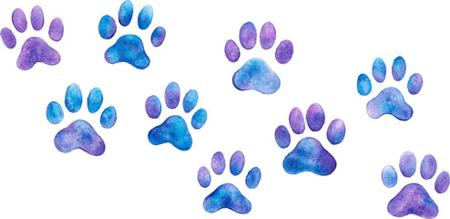 Set of watercolor paw prints blue and purple In clip art format with a white background