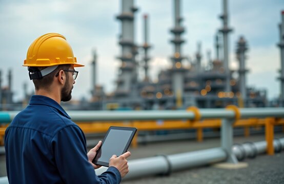 Male industrial engineer in safety uniform uses tablet at oil, gas refinery site. Inspects pipelines, equipment. Pro service worker checks plant machinery. Modern technology, hard hat essential for