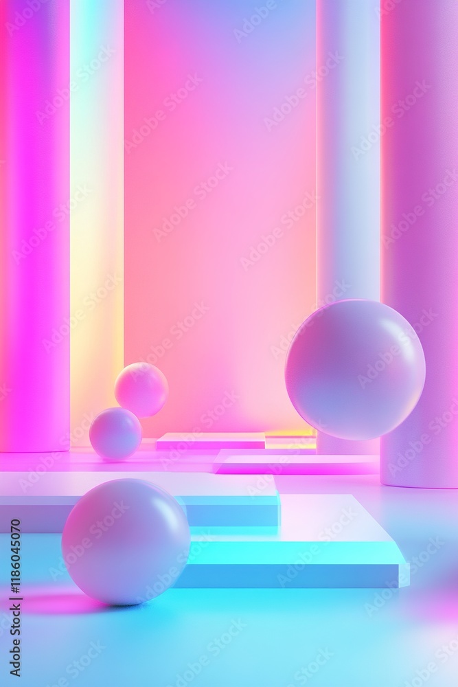 Poster exploring a vibrant futuristic landscape with floating geometric shapes and a gradient of neon color
