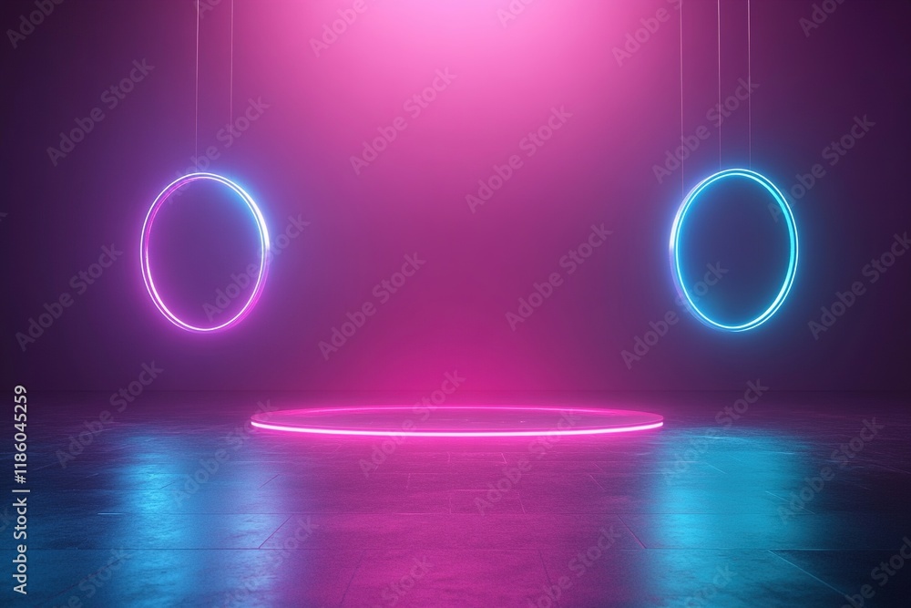 Poster futuristic gradient background with glowing geometric shapes in neon magenta and cyan colors, featur