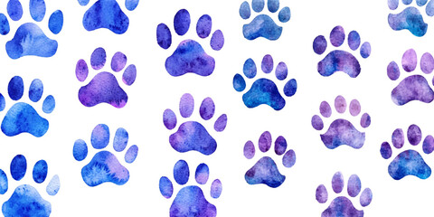 Set of watercolor paw prints blue and purple In clip art format with a white background