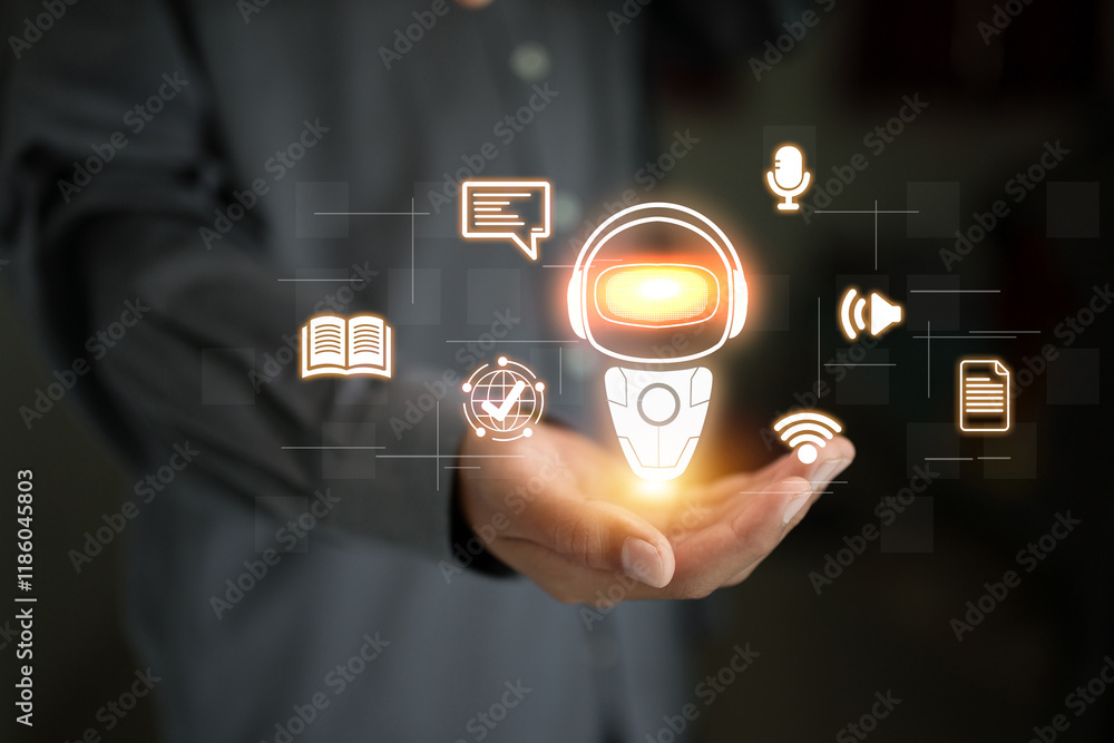 Poster hand holding glowing ai robot icon surrounded by symbols representing global communication, technolo