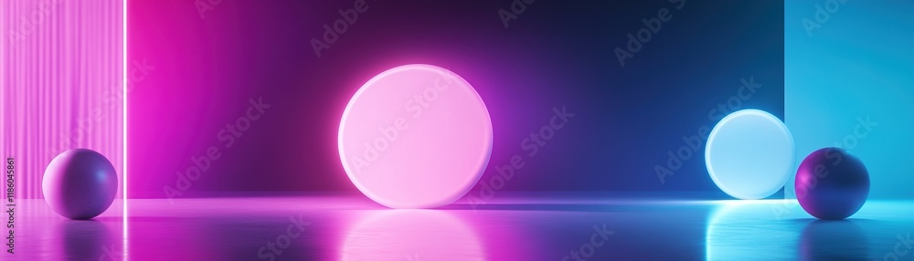 Poster futuristic gradient background with neon colors and glowing geometric shapes creating a vibrant digi