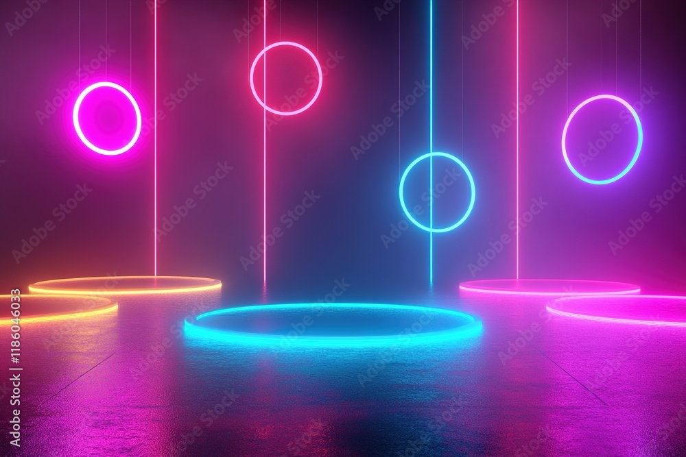 Poster futuristic gradient background showcasing floating geometric shapes with glowing neon colors in a vi