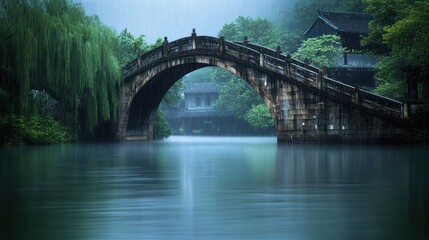 Ancient stone arch bridge over calm water, misty rain, lush green trees, tranquil Asian landscape.