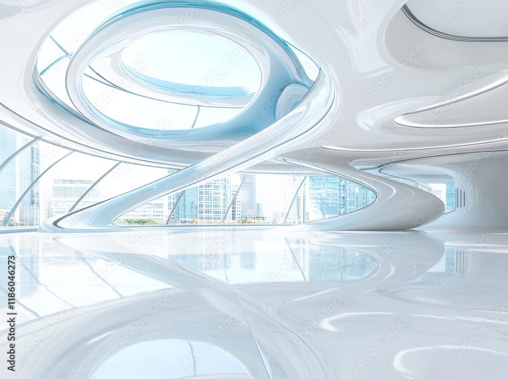 Poster 3d rendering of a contemporary architectural setting featuring an unoccupied, pristine, open interio