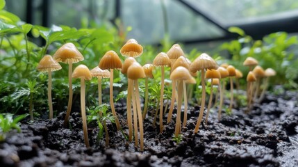 Group of small yellow mushrooms growing in lush green forest floor