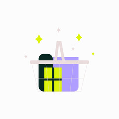 Shopping Basket With Gifts In Flat Vector Illustration Symbolizing Shopping, Gift Purchase, And Retail, Isolated On White Background