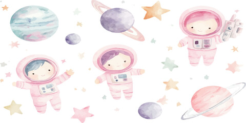 Watercolor cute cartoon clipart of pastel-colored astronauts and planets, stars on a white background