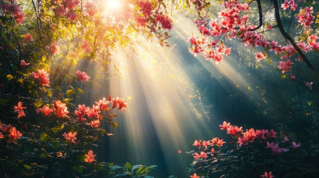 Sunbeams illuminate vibrant pink flowers in a lush garden.