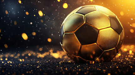 3d soccer ball. Golden and black sport icon vector. Realistic stadium game element design set. Football toy shoot in gold color and pentagon pattern. Fan league competition sphere trophy graphic