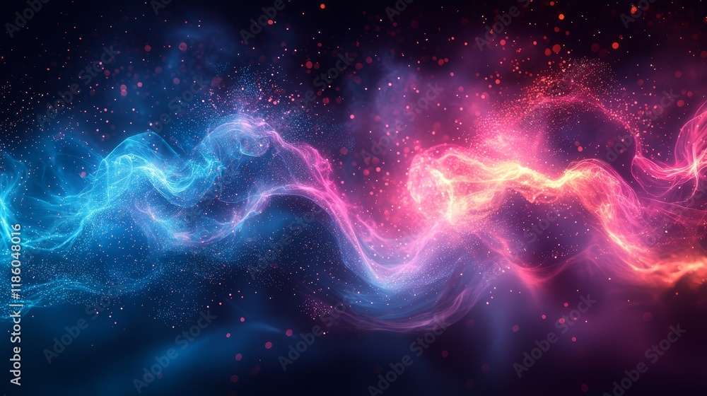 Poster colorful particles dispersing and twisting, a high-quality clip rendered on a high-end computer and 
