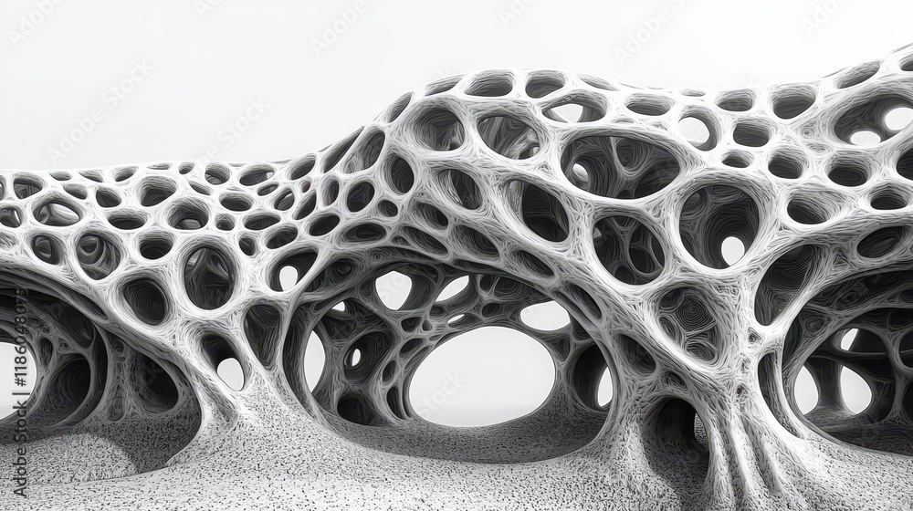 Fototapete abstract grayscale 3d rendering of a porous, organic structure resembling a cave or coral reef.