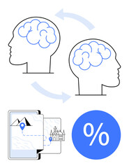 Heads with brains linked by arrows signifying knowledge transfer. Smartphone with navigation map and percentage symbol. Ideal for education, mental health, navigation, technology, process