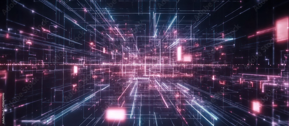 Poster abstract digital data stream, glowing lines and shapes.
