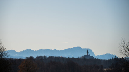 Monastery Andechs and Bavarian Alps with Zugspitze, highest mountain in Germany