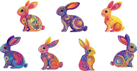 Stylish bunnies with bright colors and intricate patterns. placed on a white background