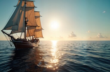 Obraz premium Tall ship sailing on Atlantic ocean at sunset. Large wooden vessel with light beige sails moves through calm water. Sun sets behind ship casting beautiful golden light on waves. Seaman, passengers