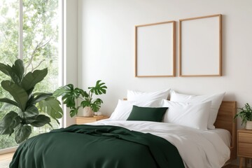 Modern bedroom interior with empty frames and plants showing biophilic design