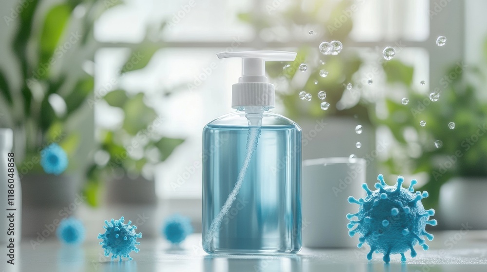 Poster droplets of hand sanitizer eliminate bacteria in a bright indoor setting surrounded by plants during
