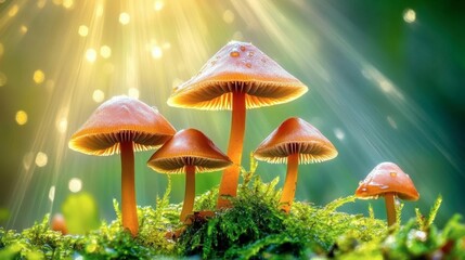 Fototapeta premium Majestic Mushrooms Glowing Under Soft Light in Lush Green Environment